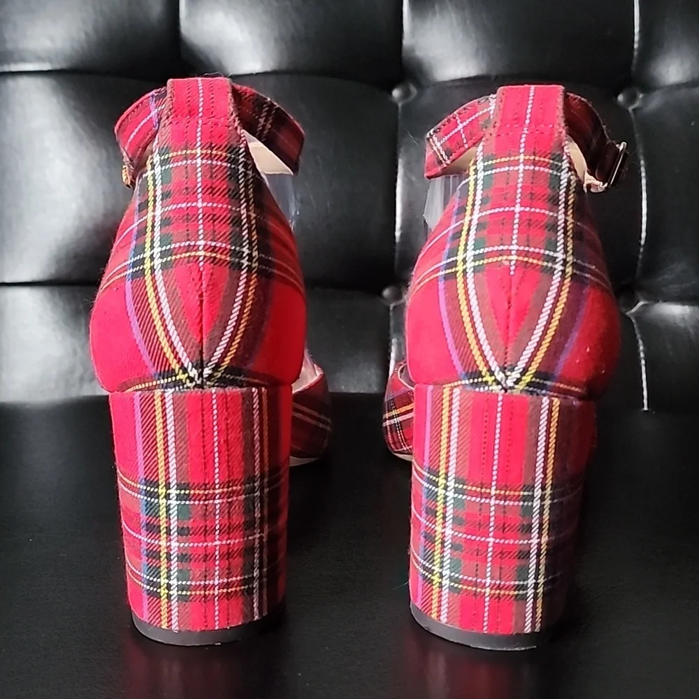 J. Crew Factory Tartan Plaid Ankle-Strap Block Heels Red Holiday Pumps Size 9.5 - Picture 3 of 9